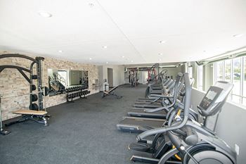 A gym with treadmills and weights.